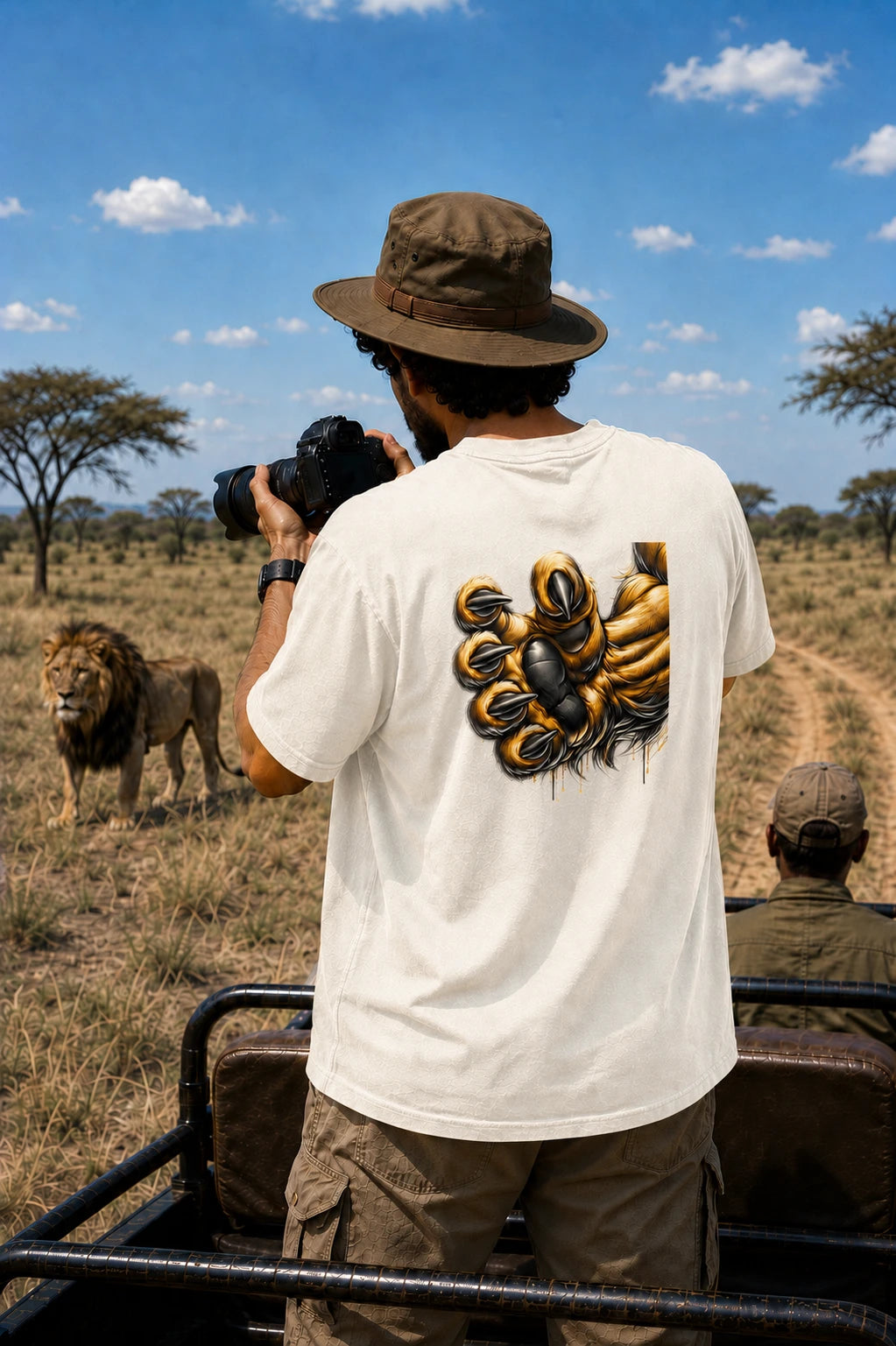 Off-white oversized T-shirt with large golden lion claw back print, back view on male model photographing a lion from a safari vehicle