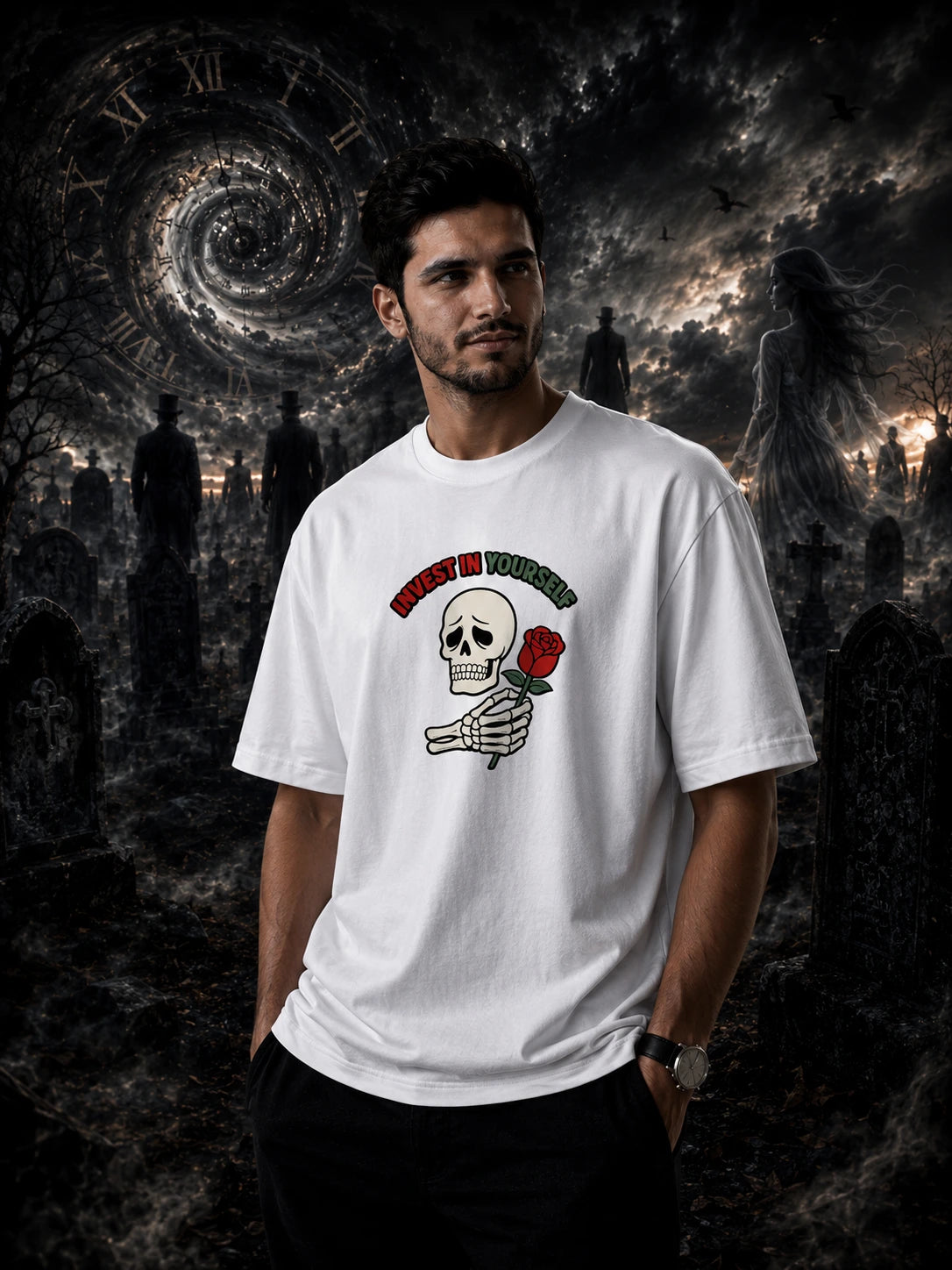 White oversized T-shirt with 'Invest In Yourself' skull and rose graphic print, front view on male model against a dark gothic graveyard backdrop
