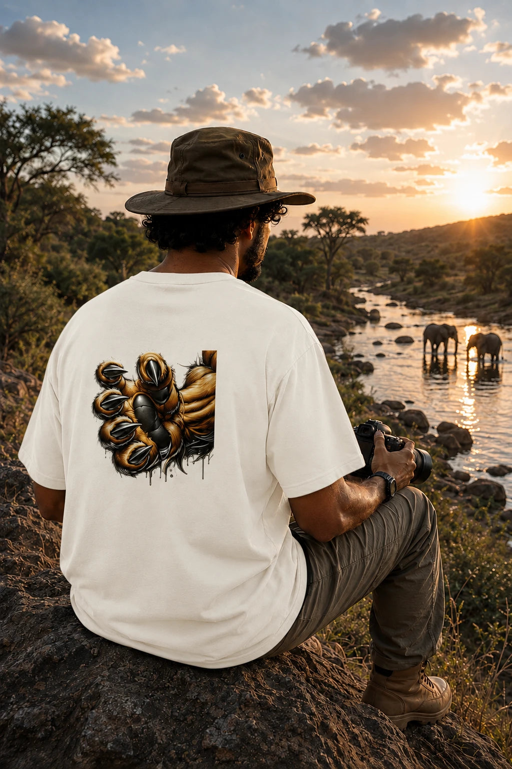 Off-white oversized T-shirt with large golden lion claw back print, back view on male model photographing a lion from a safari vehicle