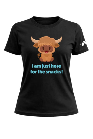 I Am Just Here for the Snacks Cartoon Highland Cow Tee