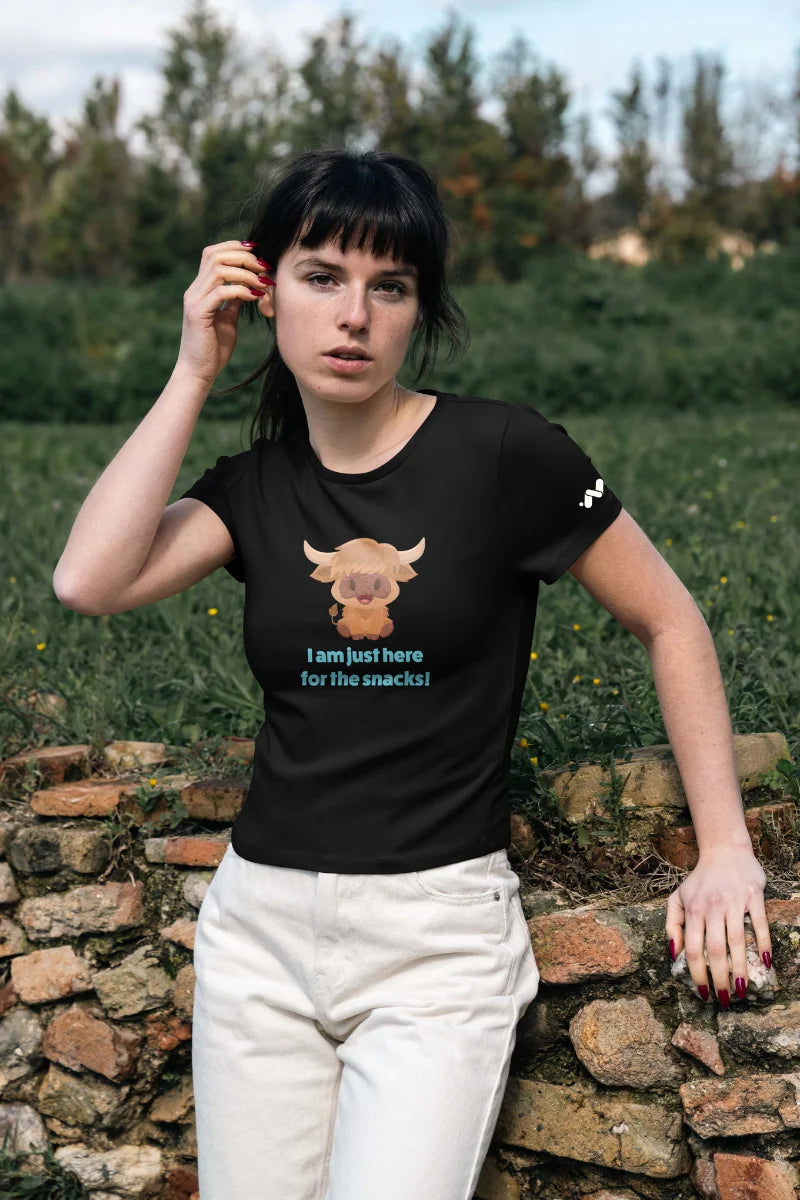I Am Just Here for the Snacks Cartoon Highland Cow Tee